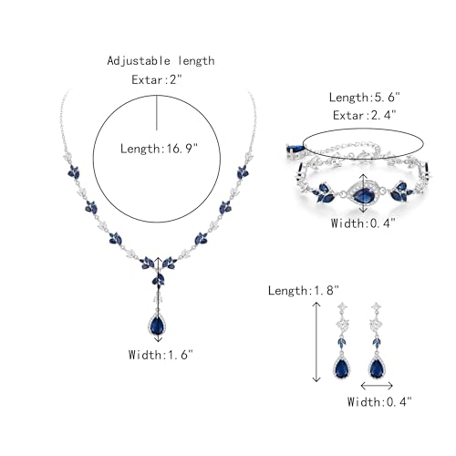 Teardrop Marquise Cubic Zirconia Wedding Prom Jewelry Set for Women Bridal | Silver/Gold/Rose Gold Plated, Pear Cut Pendant Necklace Drop Earrings Link Bracelet, for Bride Bridesmaid, for Banquet Party - style: A_Three Set, Blue