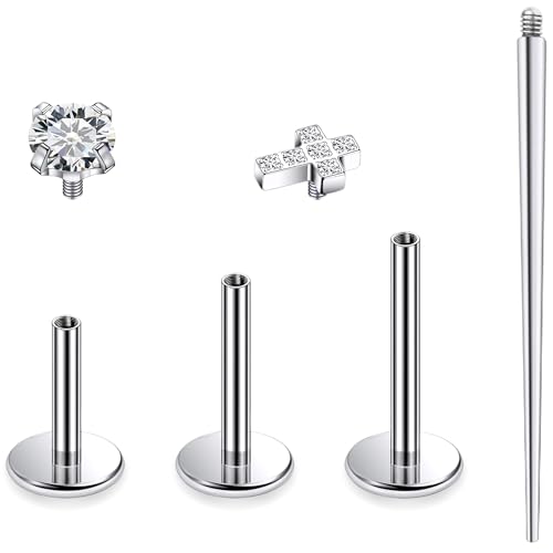 Titanium Flat Back Lip Rings Internally Threaded Earrings Studs Nose Rings 16G Cross Curve Stripe Tragus CZ Cartilage Lobe Rook Helix Conch Labret Medusa Piercing Jewelry for Women Men - style: Cross CZ