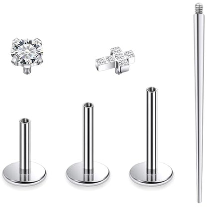Titanium Flat Back Lip Rings Internally Threaded Earrings Studs Nose Rings 16G Cross Curve Stripe Tragus CZ Cartilage Lobe Rook Helix Conch Labret Medusa Piercing Jewelry for Women Men - style: Cross CZ