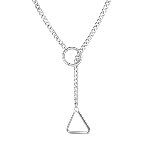 Heart O Ring Slip Chain Choker Necklace for Women Men Stainless Steel Cuban Chain Y-shape Necklaces Punk Rock Collar Adjustable Lariat Y Necklace Prom Necklaces Jewelry - color: Silver Triangular ring