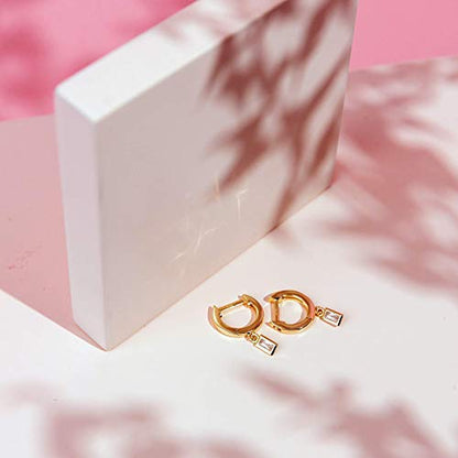 PAVOI 14K Gold Plated Huggie Hoop Earrings with Charms for Women - 925 Sterling Silver Posts Dainty Motif Huggie Hoop Dangle Earrings - Lightweight Dangle Drop Jewelry with Cubic Zirconia - style: Baguette
