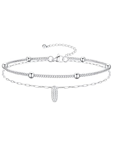 Richsteel Initial Ankle Bracelets for Women Waterproof, 14K Gold Plated/Silver Stainless Steel Anklets, Dainty Adjustable Layered Anklets with Bubble Letter, Non Tarnish Summer Beach Jewelry with Gift Box - color: I-Silver