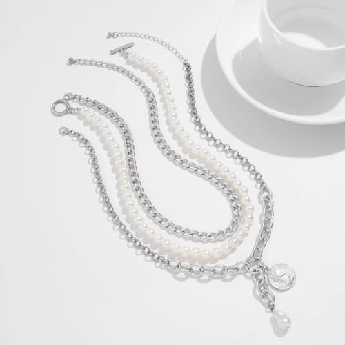Chunky Layered Pearl Necklaces Set for Women Big Coin OT Choker Necklace | Gold,silver,layering,pearls,stack,pearl jewelry,drop,baroque,buckle,beaded,chain,statement,clasp,toggle,accessories,gift - color: Color-2