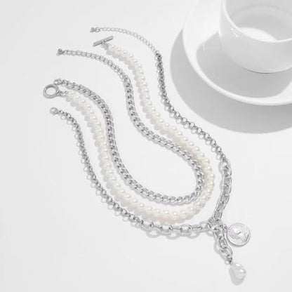 Chunky Layered Pearl Necklaces Set for Women Big Coin OT Choker Necklace | Gold,silver,layering,pearls,stack,pearl jewelry,drop,baroque,buckle,beaded,chain,statement,clasp,toggle,accessories,gift - color: Color-2