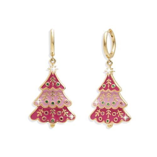 Sonateomber Gold Silver Small Hoop Dangle Earrings for Women, Trendy Dainty Rhinestone CZ Dangling Prom Wedding Leaf Flower Snowflake Butterfly Starfish Fashion Jewelry Gift - color: Pink Tree