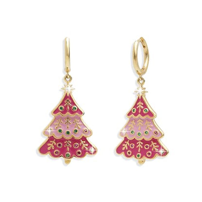 Sonateomber Gold Silver Small Hoop Dangle Earrings for Women, Trendy Dainty Rhinestone CZ Dangling Prom Wedding Leaf Flower Snowflake Butterfly Starfish Fashion Jewelry Gift - color: Pink Tree