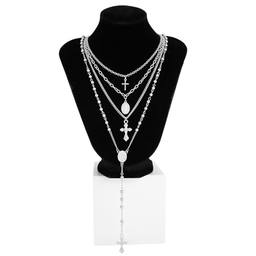 Layered Cross Necklace Set for Women, Layered Choker Necklaces Trendy Jewelry, Colorful Enamel Beaded Y-Shaped Lariat Necklace, Boho Multilayer Cross Necklace for Party and Daily Wear - color: Silver-03
