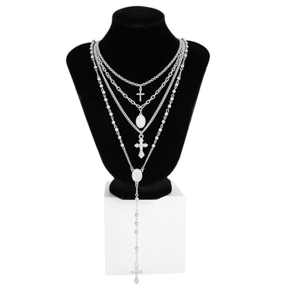 Layered Cross Necklace Set for Women, Layered Choker Necklaces Trendy Jewelry, Colorful Enamel Beaded Y-Shaped Lariat Necklace, Boho Multilayer Cross Necklace for Party and Daily Wear - color: Silver-03