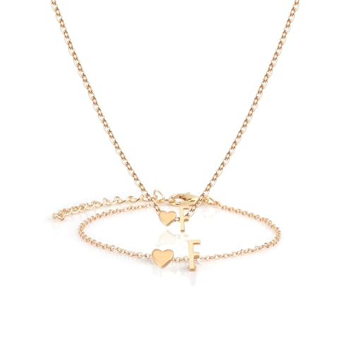 Gold Bracelets For Women Heart Initial Letter Pendant Necklace and Bracelet Set Personalized Jewelry Sets for Women Birthday Gifts for Mom Her Daughter Initial Necklace 14K Silver Plated - style: Gold-F