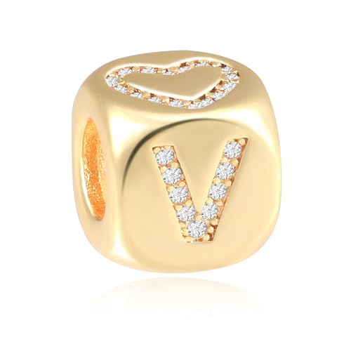 Letter Charms for Necklace and Bracelets,14K Gold Plated Women's Bead Charms, A-Z Alphabet Initial Beads Name Pendant DIY Jewelry Birthday Gift for Women - style: Charm-V