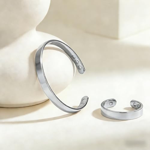 Calming Bracelet Ring Set for Women, Menopause Bracelets Adjustable Bangle Stainless Steel Cuff Climacterium Anxiety Stress Relief Energy Open Jewelry Gift - color: Silver + Silver