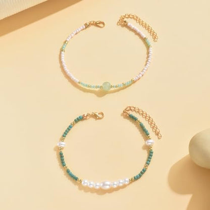 Pearl Beaded Anklet for Women Boho Rice Pearl Ankle Bracelet Adjustable Delicate Stackable Summer Beach Bikini Vacation Party Jewelry