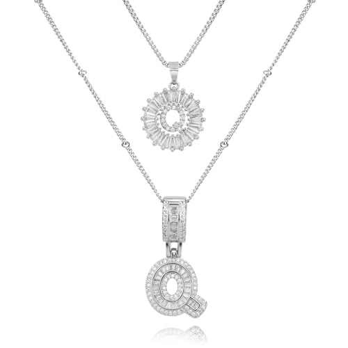 14K Gold Plated Alphabet Necklace Cubic Zirconia Letter Pendant, Personalized Name Jewelry Gift for Women, Customizable A-Z, Birthday/Mothers Day Gifts for Womens - color: White Gold, style: Style-Q