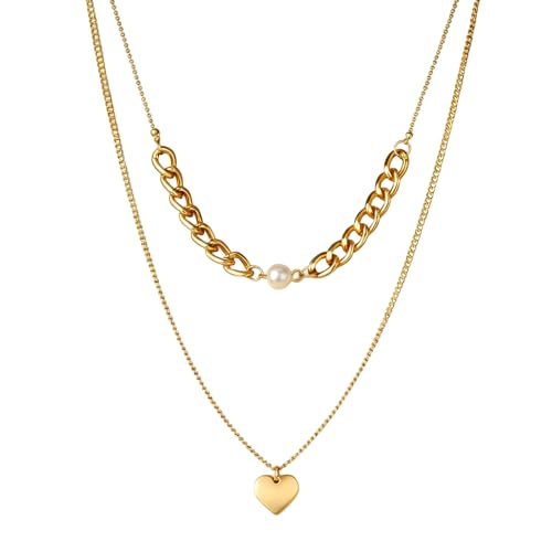 Cross Necklace 14K Gold Plated Double-Layer Heart Pendant Pearl Brightly Jewelry - style: 14K Gold 2-Layered Pearl+Heart