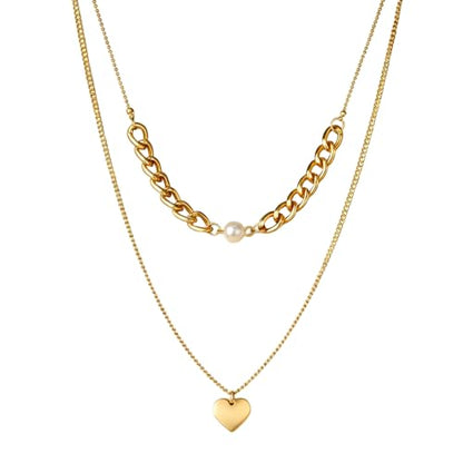 Cross Necklace 14K Gold Plated Double-Layer Heart Pendant Pearl Brightly Jewelry - style: 14K Gold 2-Layered Pearl+Heart
