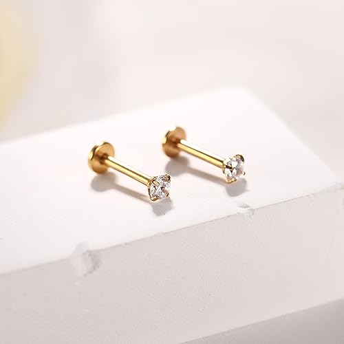 GAGABODY G23 Titanium 16G 6/8/10mm Clear CZ/Opal Internally Threaded Labret Monroe Lip Studs 6mm Helix Cartilage Tragus Earring Piercing - color: 16G-2Pcs-Gold-Length:6mm CZ:2mm