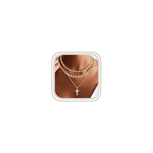 M MOOHAM Cross Necklace for Women Non Tarnish - 14K Gold Plated Dainty Clover Cross Layered Necklaces Stack Set Herringbone Figaro Paperclip Chain Necklace Trendy Religious Baptism Faith Jewelry Gifts - color: cross-figaro paperclip box chain