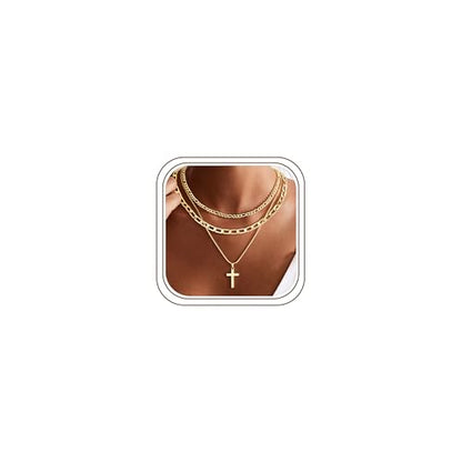 M MOOHAM Cross Necklace for Women Non Tarnish - 14K Gold Plated Dainty Clover Cross Layered Necklaces Stack Set Herringbone Figaro Paperclip Chain Necklace Trendy Religious Baptism Faith Jewelry Gifts - color: cross-figaro paperclip box chain