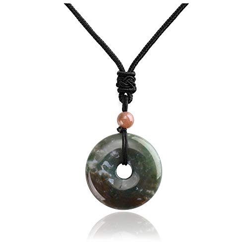 Jovivi 30mm Circle Donut Healing Crystals Necklace Natural Semi-Precious Chakra Gemstone Stone Amulet Lucky Coin Donuts Charm Protection Quartz Reiki Pendant Necklace for Men Women Adjustable Rope - color: Indian Agate