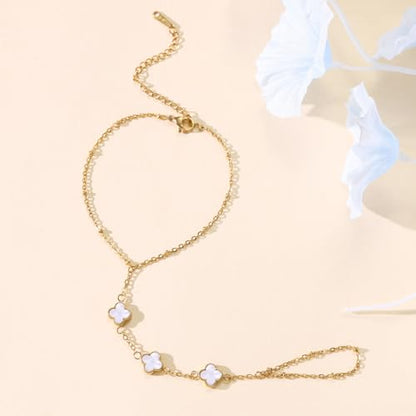 Hand Chain Bracelets for Women 14K Gold Plated Dainty Link Bracelet Bracelets Trendy Ring Bracelet Birthday Jewelry Gifts for Women - style: White Clover
