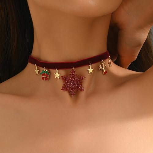 Christmas Choker Necklace for Women Xmas Gift Snowflake Red Velvet Pendant Necklace Red Velvet Reindeer Choker Necklaces Christmas Party Costume Accessories - style: snowflake