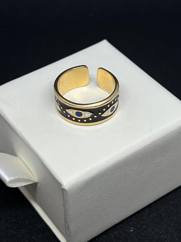 Win&Will Black & Gold Eveil Eye Stainless Steel Adjustable Wide Bold Statement Open Ring for Women