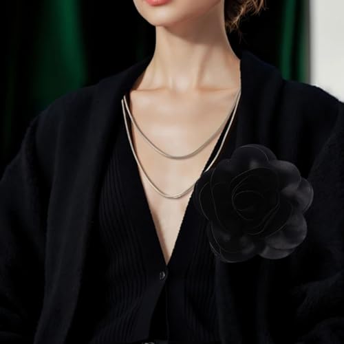 Large Rose Flower Brooches Chiffon Camellia Brooch Lapel Pins Hair Clips Hat Pins for Women Wedding Banquet Accessories Large Satin Flowers 5.5in - color: Black