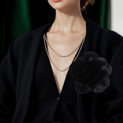 Large Rose Flower Brooches Chiffon Camellia Brooch Lapel Pins Hair Clips Hat Pins for Women Wedding Banquet Accessories Large Satin Flowers 5.5in - color: Black