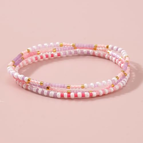 Dainty Gold Plated Tiny Ball Colorful Beaded Stack Bracelets Sets for Women,3Pcs Stackable Cute Bracelet Stretch Trendy Ball Jewelry Friendship Gift - color: light pink