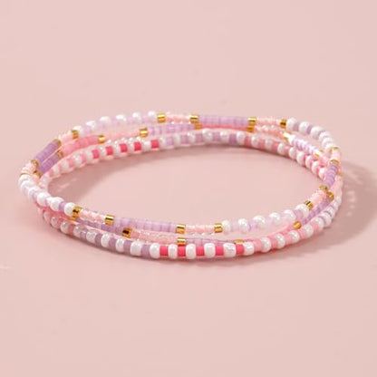 Dainty Gold Plated Tiny Ball Colorful Beaded Stack Bracelets Sets for Women,3Pcs Stackable Cute Bracelet Stretch Trendy Ball Jewelry Friendship Gift - color: light pink