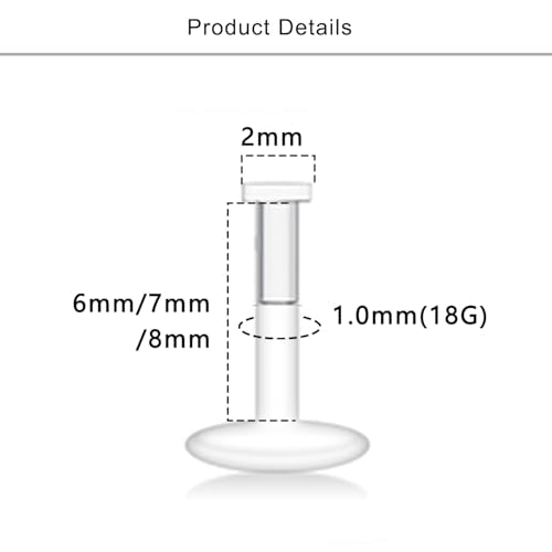 Lcolyoli 30PCS 16G 18G Clear Nose Studs Push Top Piercing Retainers 2mm Flat & Ball Top Bioflex Lip Rings Labret Retainer for Women Men 6-10mm Bar Length - color: Flat Top-30Pcs-18G-Mix Length