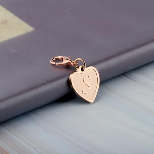 FAADBUK Initial Letter A-Z Alphabet Heart Charms for Jewelry Bracelet Keychain Necklace Initial Stainless steel Clasp Clip on Charm - color: intial S RG