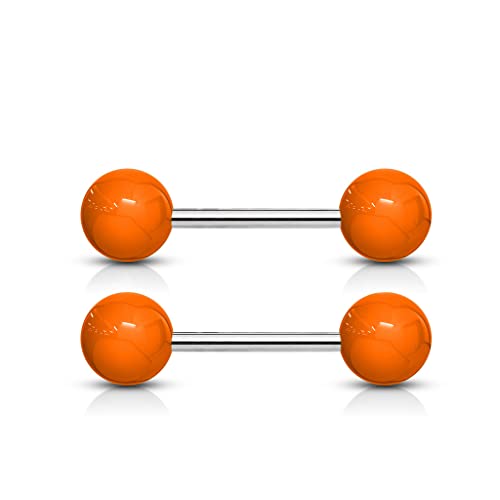 Forbidden Body Jewelry 14 g 16 mm Stainless Steel Nipple or Tongue Ring Barbell Set with Acrylic Balls (Choose Color) - style: Orange