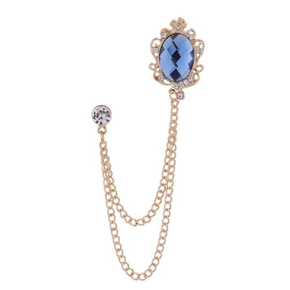 Men's Gem Tassel Brooch Lapel Pin Elegant Badge Hanging Chains Collar Brooches Pin for Career Suit Tuxedo of Shirts Tie Hat Scarf for Boyfriend Father Birthday - style: Gold with Blue Crystal