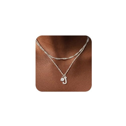 Sterling Silver Initial Necklaces for Women Girls Dainty Letter Necklace Stack Non Tarnish Silver Layered Necklaces Simple Chain CZ Diamond Pendant Necklaces Stacked A-Z Name Personalized Trendy Jewelry Gift - style: J