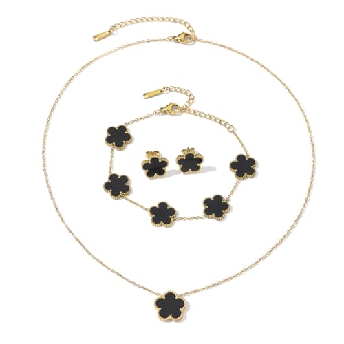 Clover Neckalce Earring Set for Women 14K Gold Plated Stainless Steel Four Leaf Clover Jewelry Set - color: G-Black