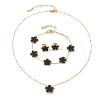 Clover Neckalce Earring Set for Women 14K Gold Plated Stainless Steel Four Leaf Clover Jewelry Set - color: G-Black