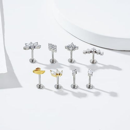 1pcs 16G 18G G23 Titanium Threadless Labret Studs Push-in Labret Lip Cluster Tragus Helix Conch Lobe Rook Cartilage Push Back Piercing Jewelry Earring - style: 5 round CZ