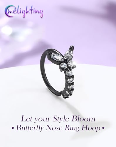 Melighting 20G Butterfly Nose Ring Hoop 8 mm Open Seamless Nose Piercing Jewelry Surgical Steel 316L, Twist Nostril Ring with Marquise and Round CZ, Silver Flower Body Piercing for Women - style: Butterfly Black
