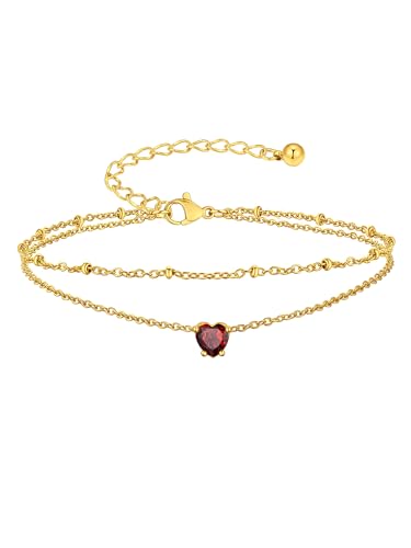 Suplight Gold Plated Butterfly Anklets for Women Waterproof, Layered Boho Ankle Bracelet with Birthstone, Stainless Steel Adjustable Non-Tarnish Heart Foot Jewelry Beach Vacation - color: 01. Heart-Jan. Garnet