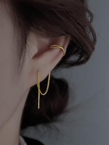 Long Chain Cuff Earrings Gold Silver Wrap Tassel Earrings Minimalist Cz Round Stud With Chain Cuff Double Piercing Jewelry Statement Fake Earrings for Women - color: style1-gold-1pcs