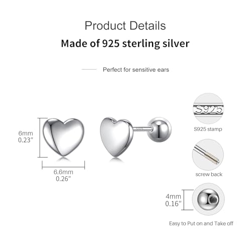 JSGEMSLEE Hypoallergenic 925 Sterling Silver Stud Earrings for Women With Screw Back Small Butterfly Heart Flower Earrings for Girls Tragus Cartilage Jewelry Gifts - color: heart