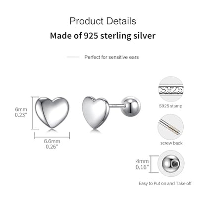 JSGEMSLEE Hypoallergenic 925 Sterling Silver Stud Earrings for Women With Screw Back Small Butterfly Heart Flower Earrings for Girls Tragus Cartilage Jewelry Gifts - color: heart