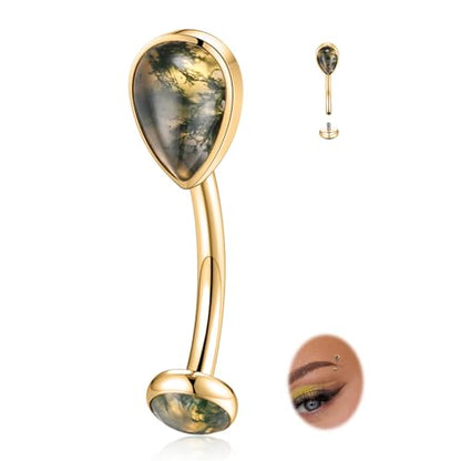 GAGABODY G23 Titanium Eyebrow Rings 16G Curved Barbell Lip Ring Rook Earrings for Women Belly Ring Vertical Labret Jewelry Tragus Helix Daith Earring Belly Piercing - color: 1Pc-Waterdrop Shape Gold+Moss Agate