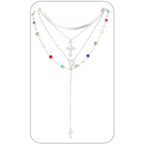 Layered Cross Necklace Set for Women, Layered Choker Necklaces Trendy Jewelry, Colorful Enamel Beaded Y-Shaped Lariat Necklace, Boho Multilayer Cross Necklace for Party and Daily Wear - color: Silver-04
