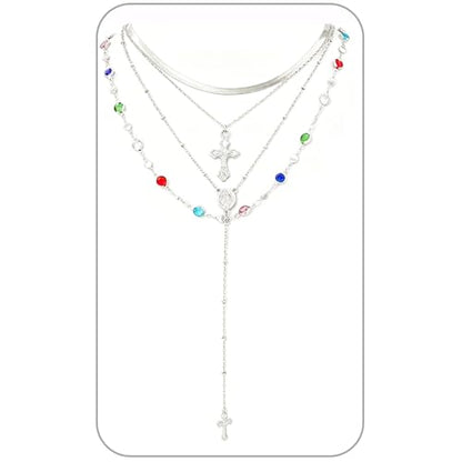 Layered Cross Necklace Set for Women, Layered Choker Necklaces Trendy Jewelry, Colorful Enamel Beaded Y-Shaped Lariat Necklace, Boho Multilayer Cross Necklace for Party and Daily Wear - color: Silver-04