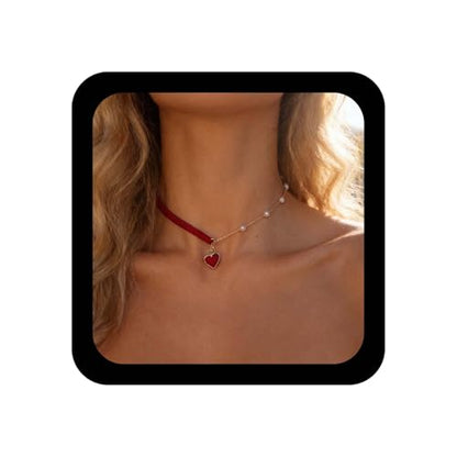 Andelaisi Boho Red Velvet Choker Necklace Vintage Pearl Heart Pendant Necklace Red Heart Necklace Love Heart Pearl Stitching Necklace Jewelry for Women