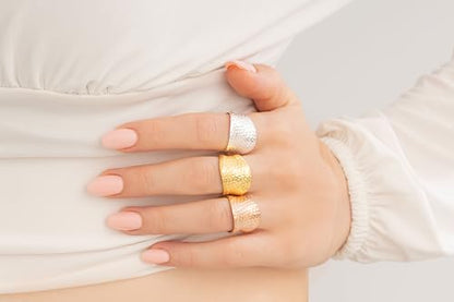 Handmade Hammered Sterling Silver Wide Band Ring - color: Brass (Silver)