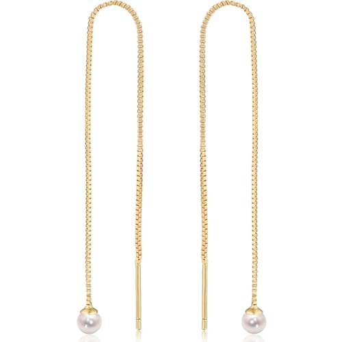 Threader Pearl Earrings for Women - Long Dangle with Simulated Pearls | Plated in Gold Tone or Silver Tone - color: Single Simulated Pearl - 14K Gold Plated