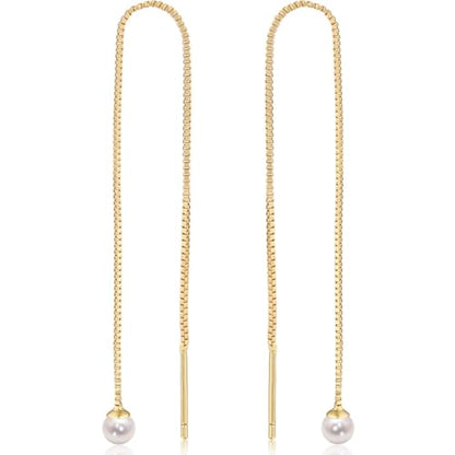 Threader Pearl Earrings for Women - Long Dangle with Simulated Pearls | Plated in Gold Tone or Silver Tone - color: Single Simulated Pearl - 14K Gold Plated